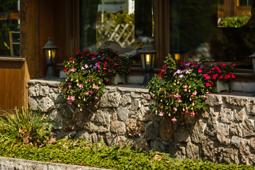 Fototapeta na wymiar beautiful old villa with hanging plants from the balcony,