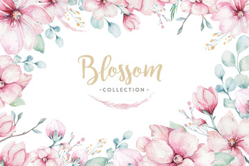 Fototapeta na wymiar wreath of blossom pink cherry flowers in watercolor style with white background. Set of summer blooming japanese sakura branch decoration