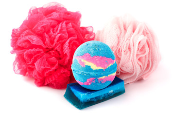 Bath salt in the form of a ball with washcloths. Isolated object