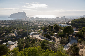 View on Calp city with view on the sea coast and rock in Alicante Spain