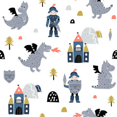 Kinderachtig naadloos patroon met ridder, draak en kasteel in Scandinavische stijl. Creatieve vector kinderachtige achtergrond voor stof, textiel