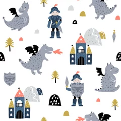 Tuinposter Scandinavische stijl Kinderachtig naadloos patroon met ridder, draak en kasteel in Scandinavische stijl. Creatieve vector kinderachtige achtergrond voor stof, textiel