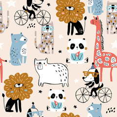 Seamless pattern with cartoon hand drawn bear,giraffe, dog,leopard, lion, panda. Creative childish pink texture. Great for fabric, textile Vector Illustration