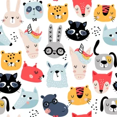 Washable wall murals Dogs Seamless childish pattern with funny animals faces . Creative scandinavian kids texture for fabric, wrapping, textile, wallpaper, apparel. Vector illustration