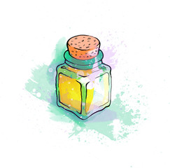 Hand drawing illustration, colorful bright essential aromatic oil in the bottle. Watercolors, white background.