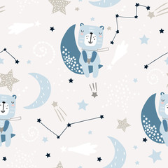 Fototapety  Seamless childish pattern with cute bears on clouds, moon, stars. Creative scandinavian style kids texture for fabric, wrapping, textile, wallpaper, apparel. Vector illustration