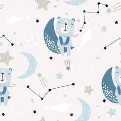 Foto auf Acrylglas Nahtloses kindisches Muster mit niedlichen Bären auf Wolken, Mond, Sternen. Kreative skandinavische Kindertextur für Stoffe, Verpackungen, Textilien, Tapeten, Bekleidung. Vektor-Illustration © solodkayamari