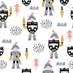Childish seamless pattern with cute knights in scandinavian style. Creative vector childish background for fabric, textile