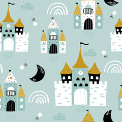 Kindisches nahtloses Muster mit Schloss, Türmen, Regenbogen im skandinavischen Stil. Kreativer Vektor kindischer Hintergrund für Stoff, Textil