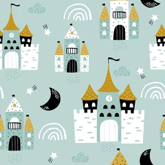 Afwasbaar Fotobehang Scandinavische stijl Kinderachtig naadloos patroon met kasteel, torens, regenbogen in Scandinavische stijl. Creatieve vector kinderachtige achtergrond voor stof, textiel