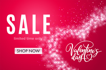 Valentine's day holiday sale with heart of glitter on red background. Limited time only. Template for a banner, poster, shopping, discount, invitation