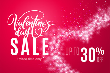 Fototapeta na wymiar Valentine's day holiday sale 30 percent off with heart of glitter on red background. Limited time only. Template for a banner, poster, shopping, discount, invitation