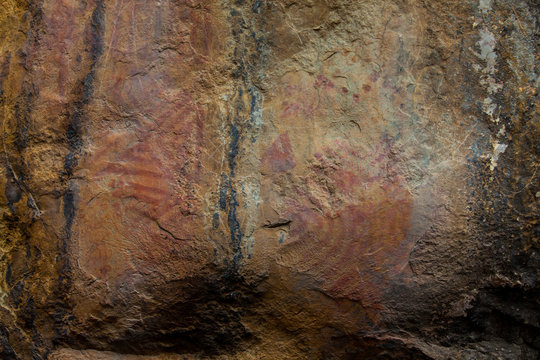 Prehistoric paintings on rock known as petroglyphs in the municipality of Facatativa in Colombia