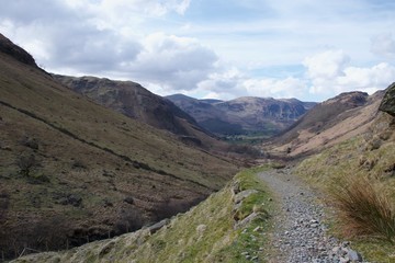 Stone footpath around side of a valley in the English Lake Distrit (Cumbria)