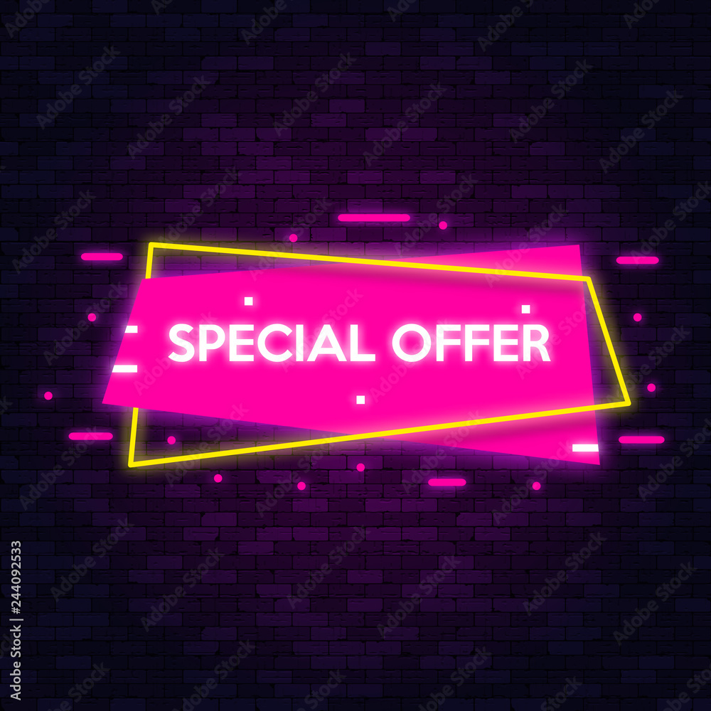 Poster Neon symbols banner special offer on brick wall. Vector illustration.