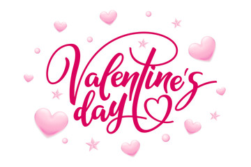 Fototapeta na wymiar Valentine's day poster. Holiday banner with pink hearts, stars and lettering. Template for a banner, poster, shopping, discount, invitation