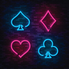 Neon Suit Poker and Casino on brick wall. Vector illustration. © angelmaxmixam