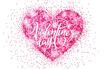 Valentine's day holiday banner with glitter pink heart and lettering. Template for a banner, poster, shopping, discount, invitation