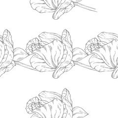 Seamless pattern. Plant in blossom, branch with flower ink sketch. Template for a business card, banner, poster, notebook, invitation, color book