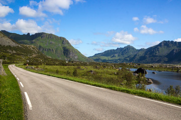 fjord and mountains in Vestvagoya island in Lofoten in Norway