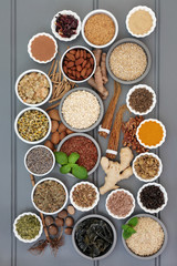 Dried health food selection with supplement powders and herbs used in herbal medicine to relieve anxiety and stress that also help relaxation, depression and reduce chronic fatigue.