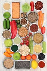 Liver detox diet health food concept with fruit, vegetables, herbal medicine, legumes, seeds, grains, cereals & supplement powders. High in antioxidants, omega 3, vitamins &  dietary fibre. Top view.