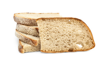 Stack of pieces of bread on white background.