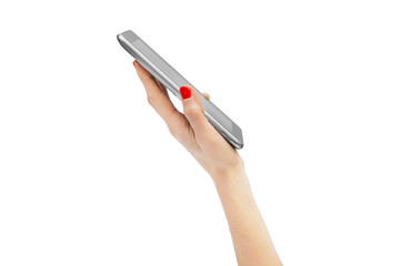 Woman's hand holding tablet PC. Isolated on white. Side view.