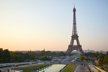 Eiffel tower seen from Trocadero, nobody in a clear summer morning in Paris, France