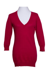 Sweater or pullover. Womens plain knitted classic red pullover on mannequin isolated on a white background. Woman fashion.