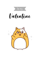 Be my Valentine greeting, cool cat with black glasses, vector illustration, isolated on white background