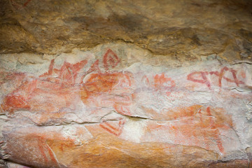 Prehistoric paintings on rock known as petroglyphs in the municipality of Facatativa in Colombia