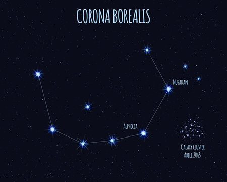 Corona Borealis (Northern Crown) constellation, vector illustration with the names of basic stars against the starry sky