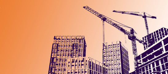 High-rise multi-storey buildings under construction. Tower cranes near building. Activity, architecture, development process, skyscraper. Concept photo, Duotone Photo Effect