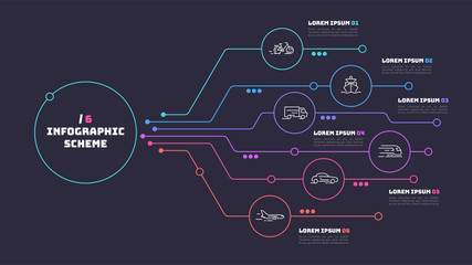Thin line infographic scheme with 6 options. Vector template for