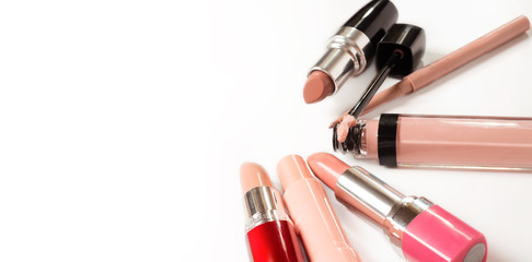 set of fashion cosmetics for lips in nude tone