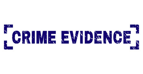 CRIME EVIDENCE text seal stamp with distress texture. Text title is placed inside corners. Blue vector rubber print of CRIME EVIDENCE with unclean texture.