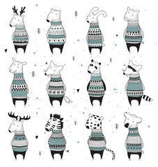 Vector collection of cute winter animals in cozy sweater