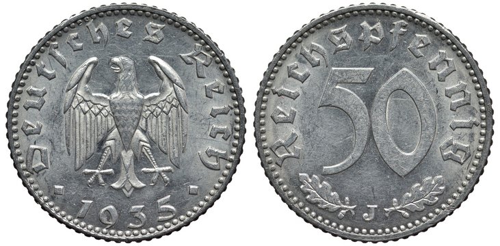 Germany German aluminum coin 50 fifty pfennig 1935, eagle in center, date below flanked by two dots, digits of value in center, two oak leaves below, Nazi time,