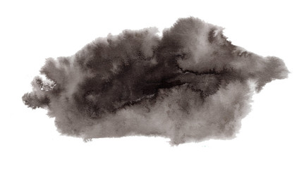 Abstract expressive textured black ink or watercolor stain. Mysterious isolated inky blob, dark thunderous cloud concept