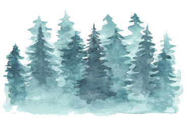 Obraz premium Beautiful watercolor background with mystery blue coniferous forest. Mysterious fir or pine trees in mist illustration for winter Christmas design, isolated on white background