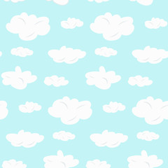 Cute seamless pattern with white clouds on blue sky. Bright tender cloudscape pattern for kids textile, wrapping paper, weather surface design, background