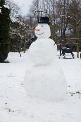 Snowman with black hat outdoors