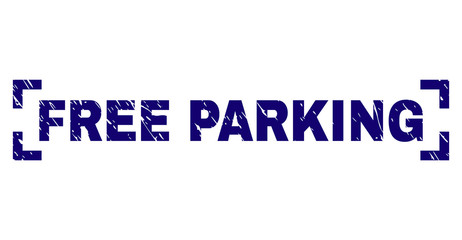 FREE PARKING text seal print with distress effect. Text caption is placed between corners. Blue vector rubber print of FREE PARKING with corroded texture.