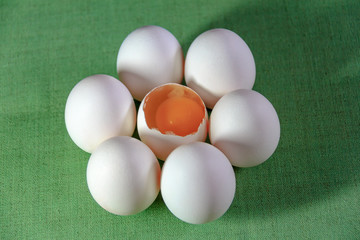 Chicken eggs in a circle in the form of a flower in the middle of the yolk on a green textile background.