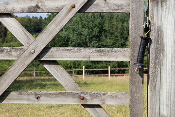Detail of horse paddock and wooden fence.