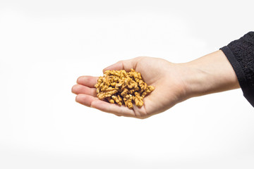 Obraz premium Hand holding bunch of walnuts in isolated white background