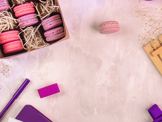 macaron, pastel color, dessert (natural macaroons). top copy space. food background