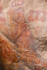 Prehistoric paintings on rock known as petroglyphs in the municipality of Facatativa in Colombia