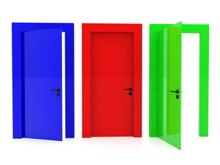 Three colorful doors on white